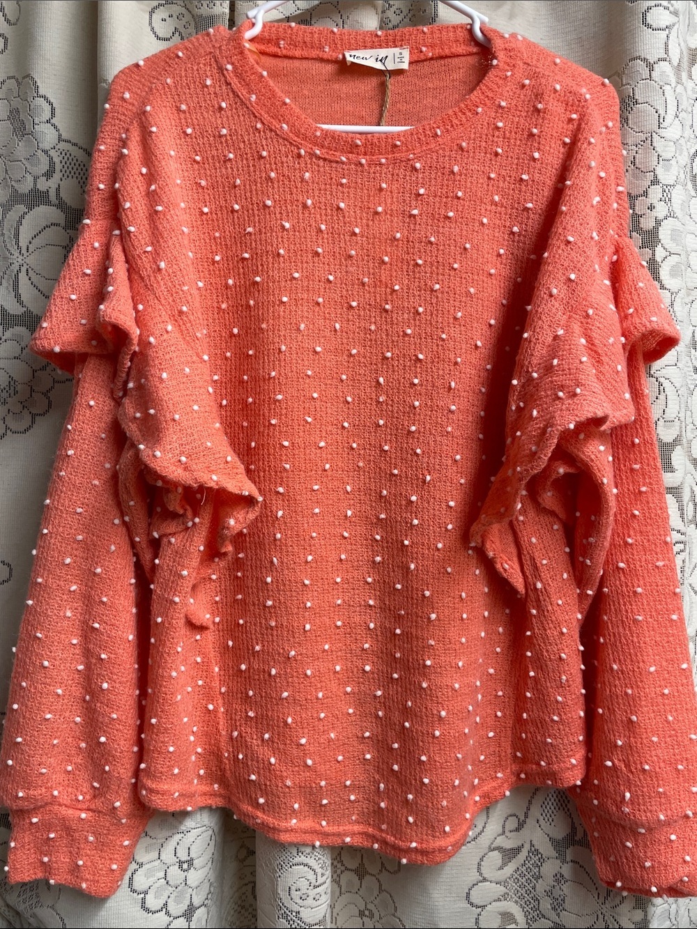 Love Riche Coral-Peach Knit Sweater with White Bead Accents NWT Small